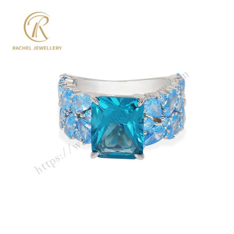 Factory Wholesale Blue Aquamarine CZ Luxury Silver Ring