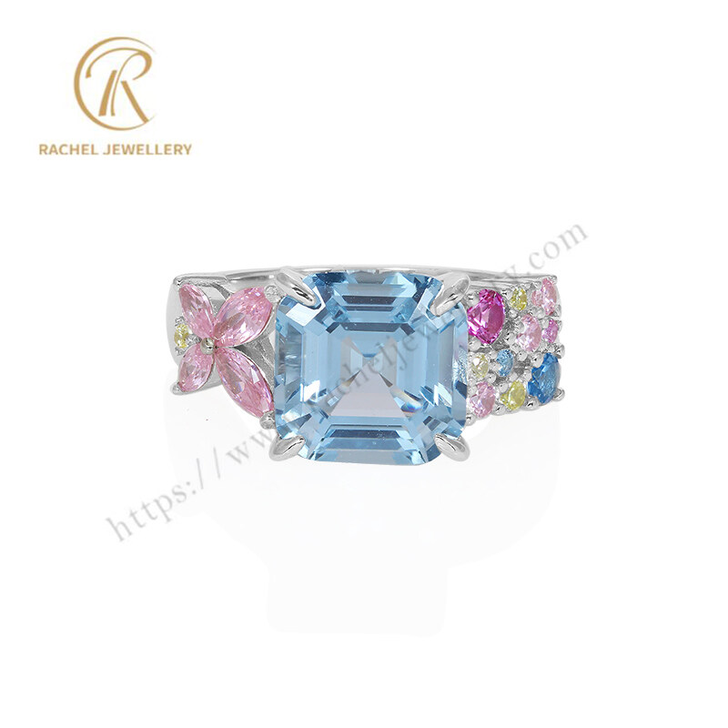 Wholesale Aqua Blue Mixed Small Color CZ Silver Ring for Summer