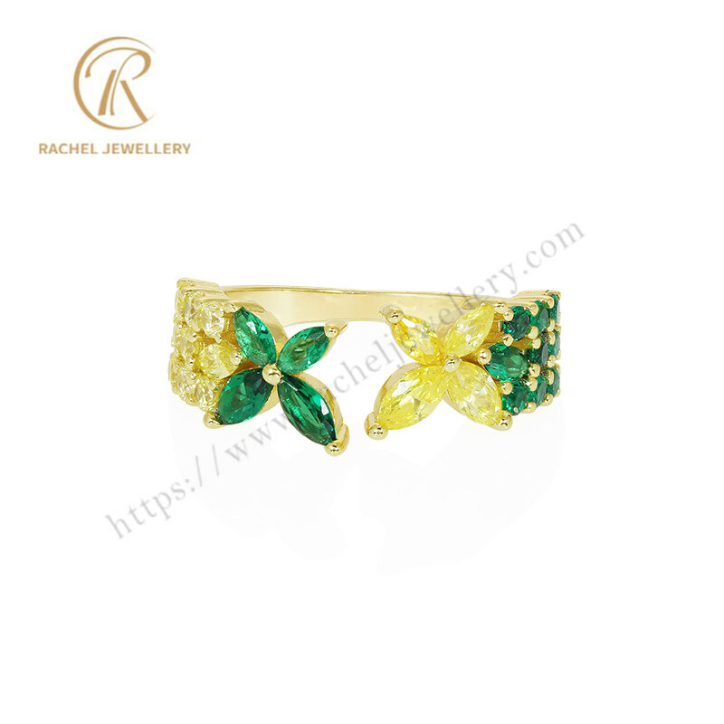 High Level Flower Green Yellow CZ Sterling Silver Open Ring