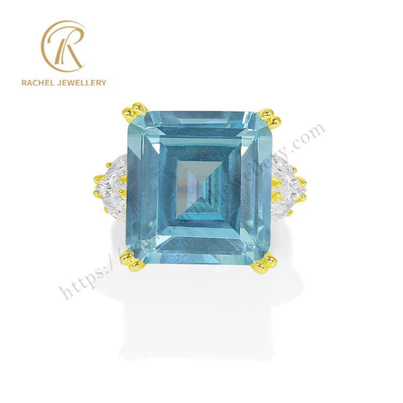Yellow Gold Plated Silver Jewellery Blue CZ Sterling Ring