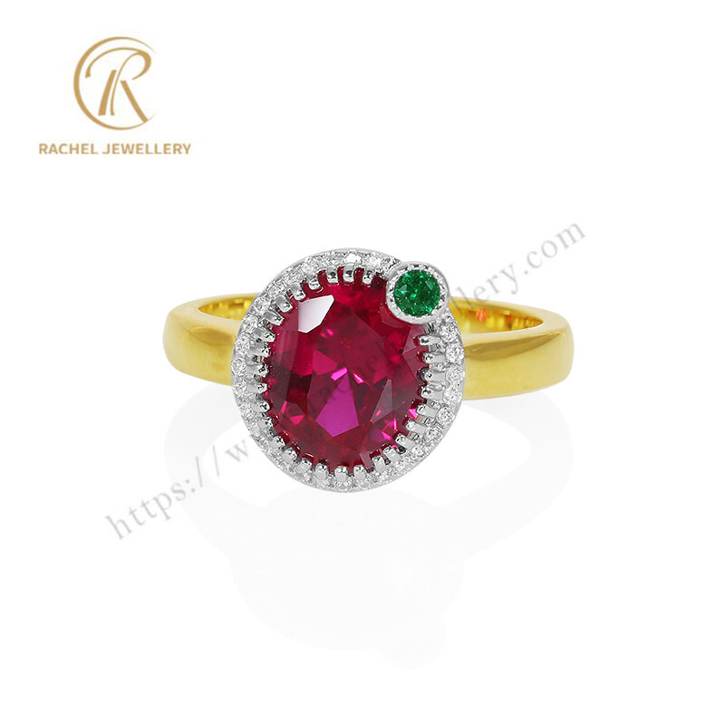 Oval Shape Ruby White Green CZ Two Tone Plating Silver Ring