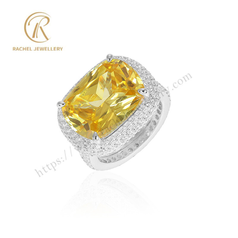 Big Yellow Gold Zircon Luxury Rhodium Plated Silver Ring