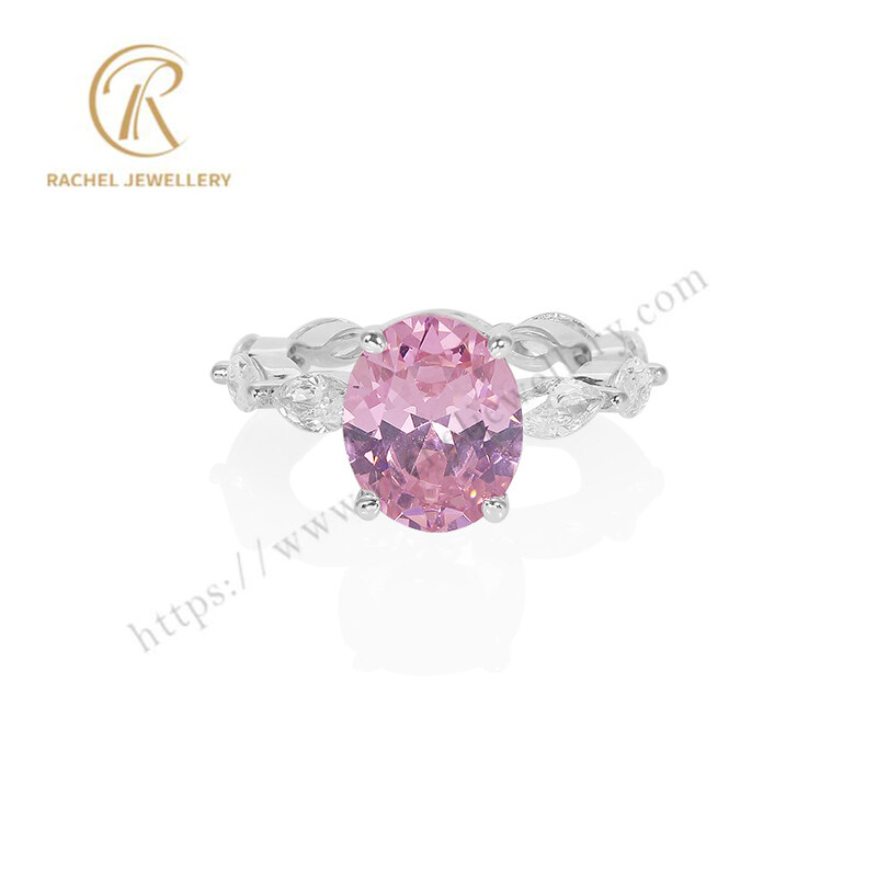 Oval Pink and White Zircon Rhodium Plating Silver Jewellery Ring
