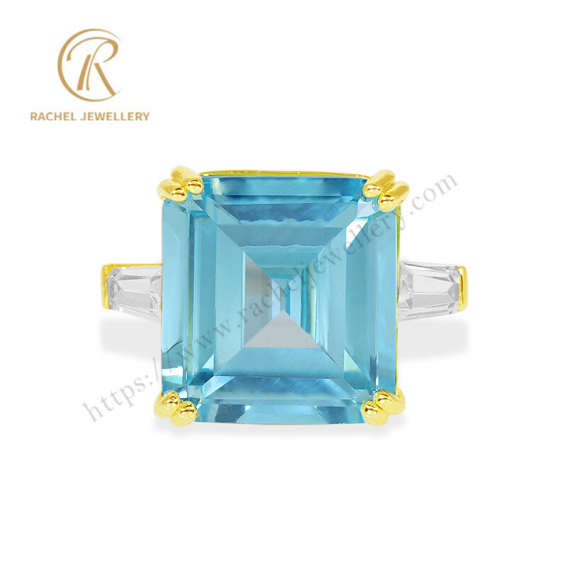 Big Light Aquamarine CZ Yellow Gold Plated Sterling Silver 925 Ring