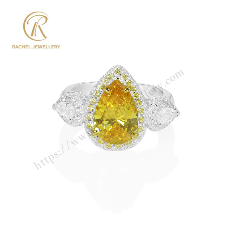 Large Pear Yellow White Zircon Wholesale Sterling Silver Ring
