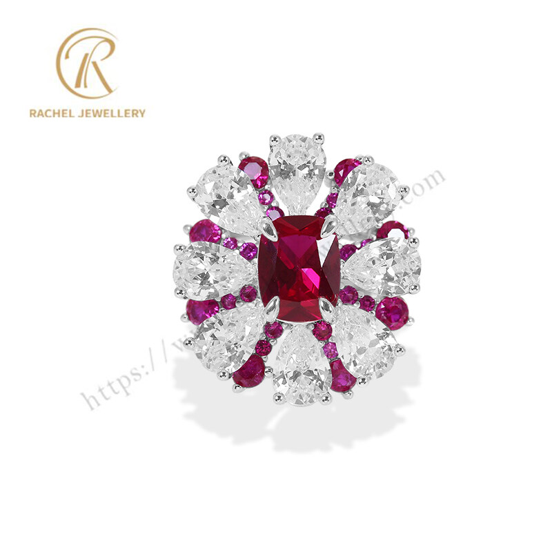 Ruby White Zircon Fashion Flower Design Silver Jewellery 925 Ring
