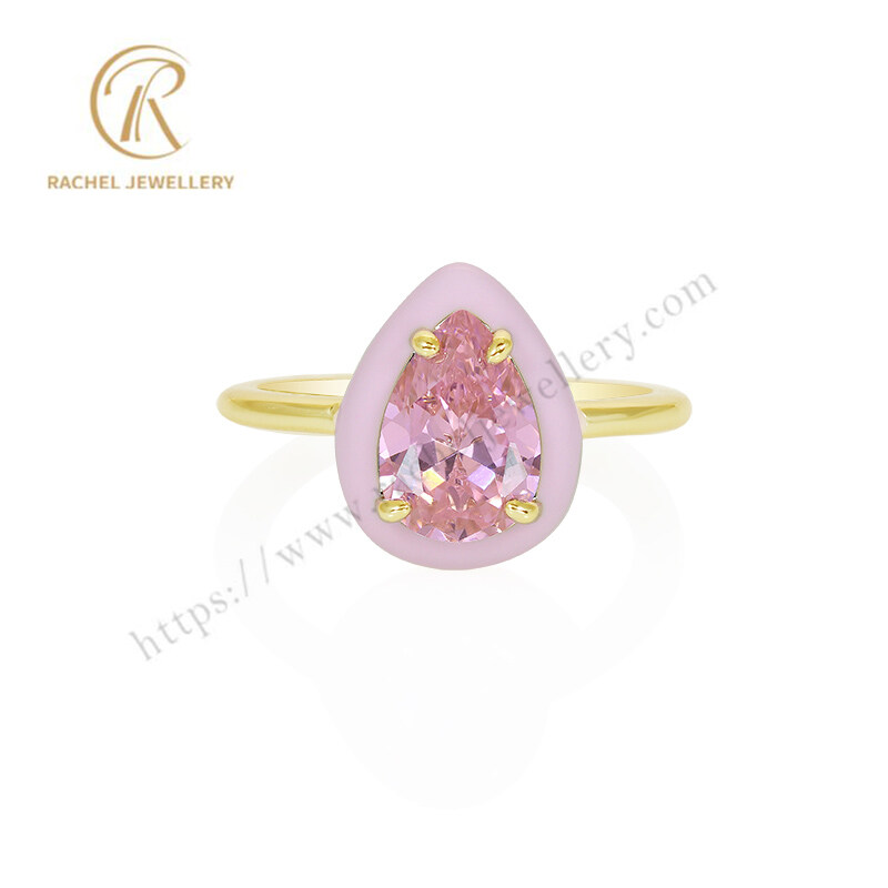 Pink Big Pear Zircon Enamel Color Silver 925 Jewelry Ring