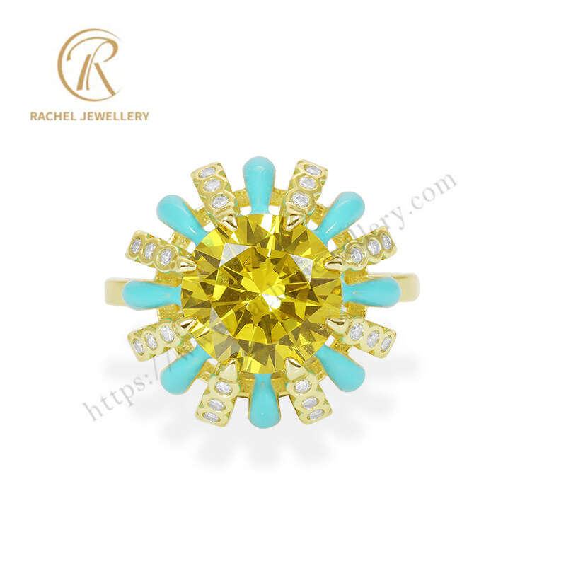 Yellow Gold CZ Light Green Enamel 925 Silver Jewellery Ring