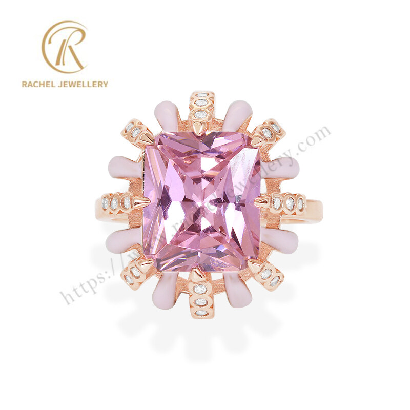Pink CZ Flower Design Enamel Pink 925 Silver Jewelry Ring