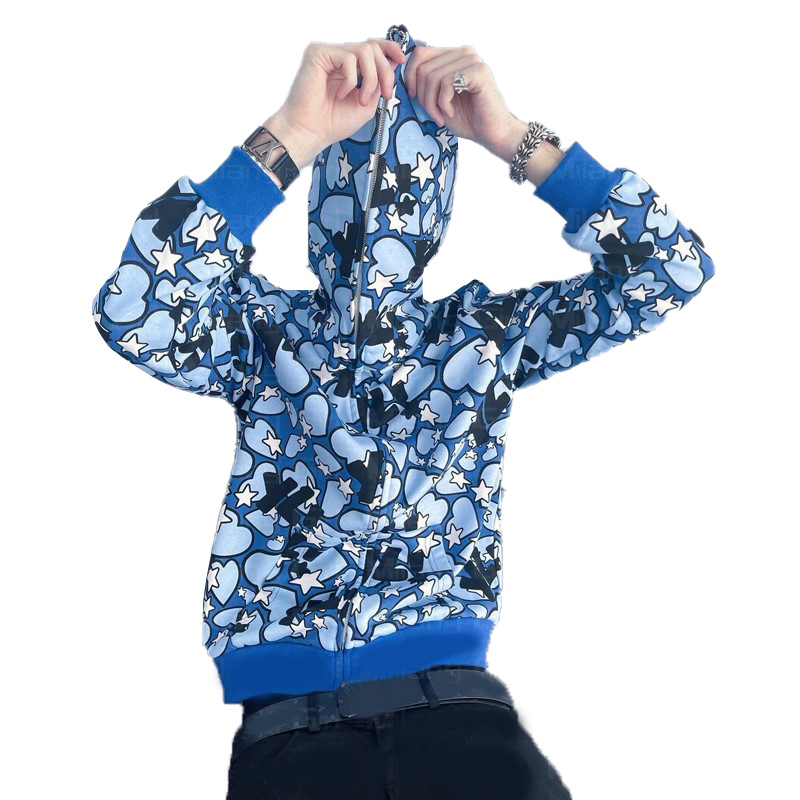 맞춤형 도매 인쇄 로고 테리 전체 지퍼 패션 하트 패턴 긴 슬리브 풀오버 지퍼 재킷 남자 재킷