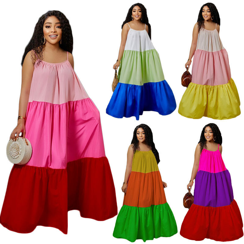 Free Shipping Women Loose Color Blocking Sleeveless Dress