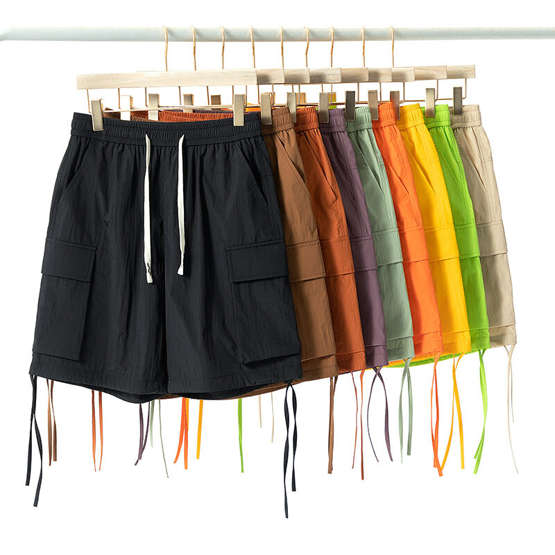 6 Pocket Solid Color Elastic Waist Nylon Cargo Men Shorts