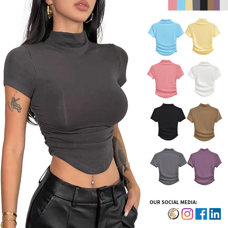 Pleated Crop Top Short Sleeve Slimming Women T-shirt