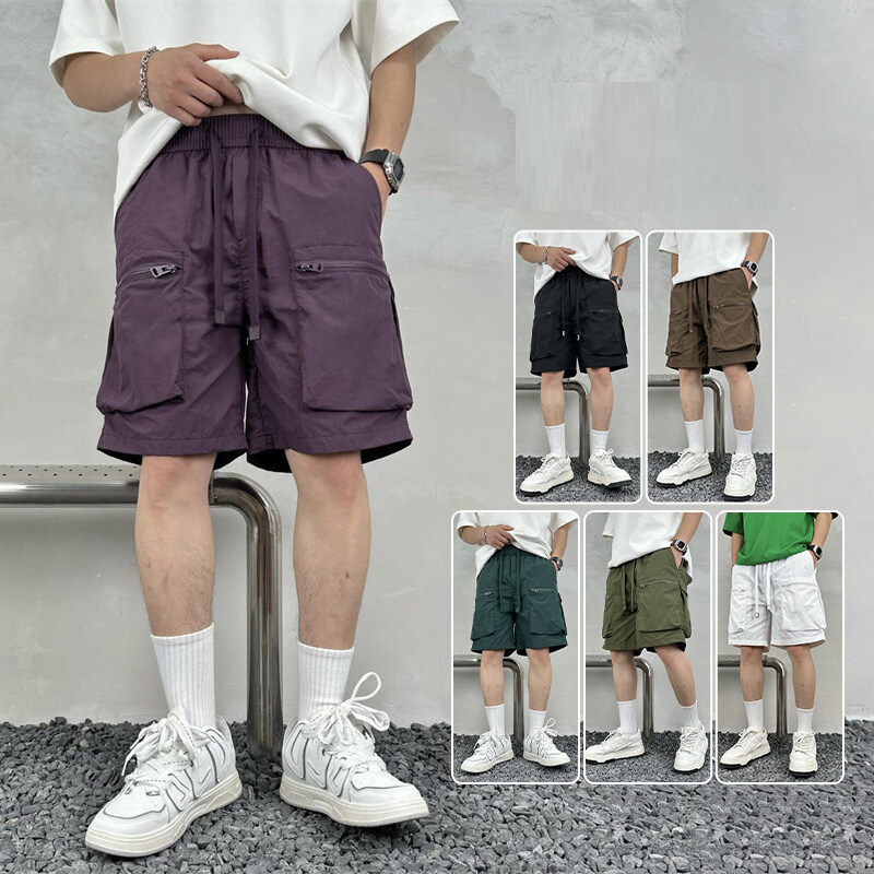 Quick Dry Solid Color Loose Cargo Multi Pocket Men Shorts