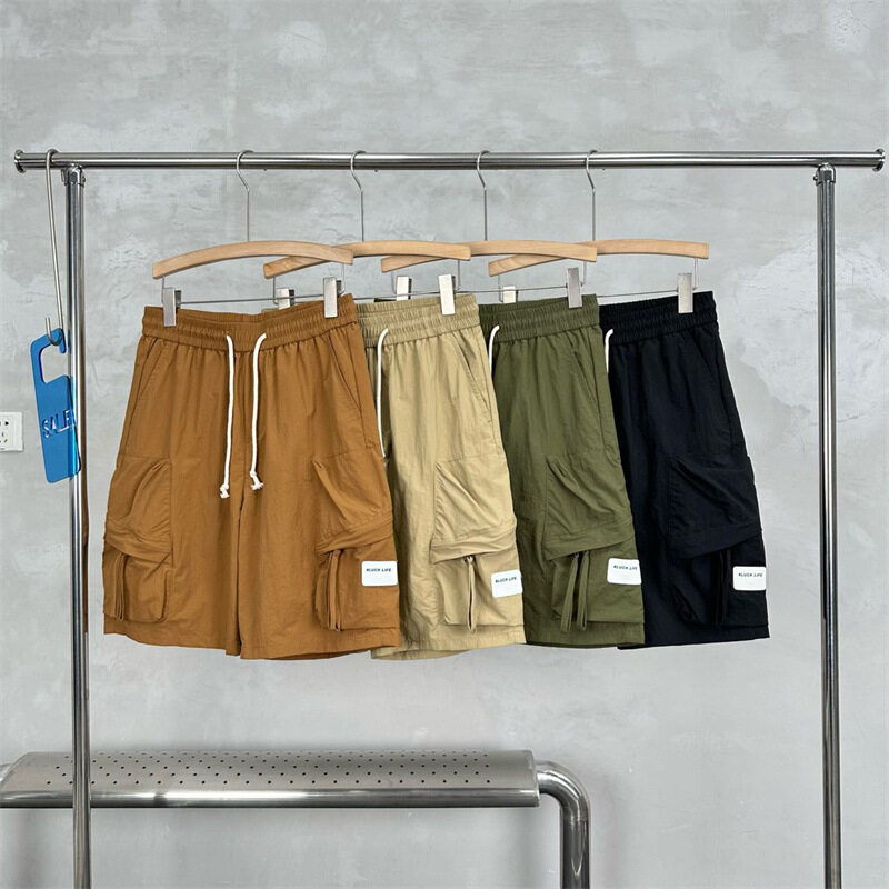 6 Pocket Quick Dry Solid Color Loose Cargo Nylon Men Shorts