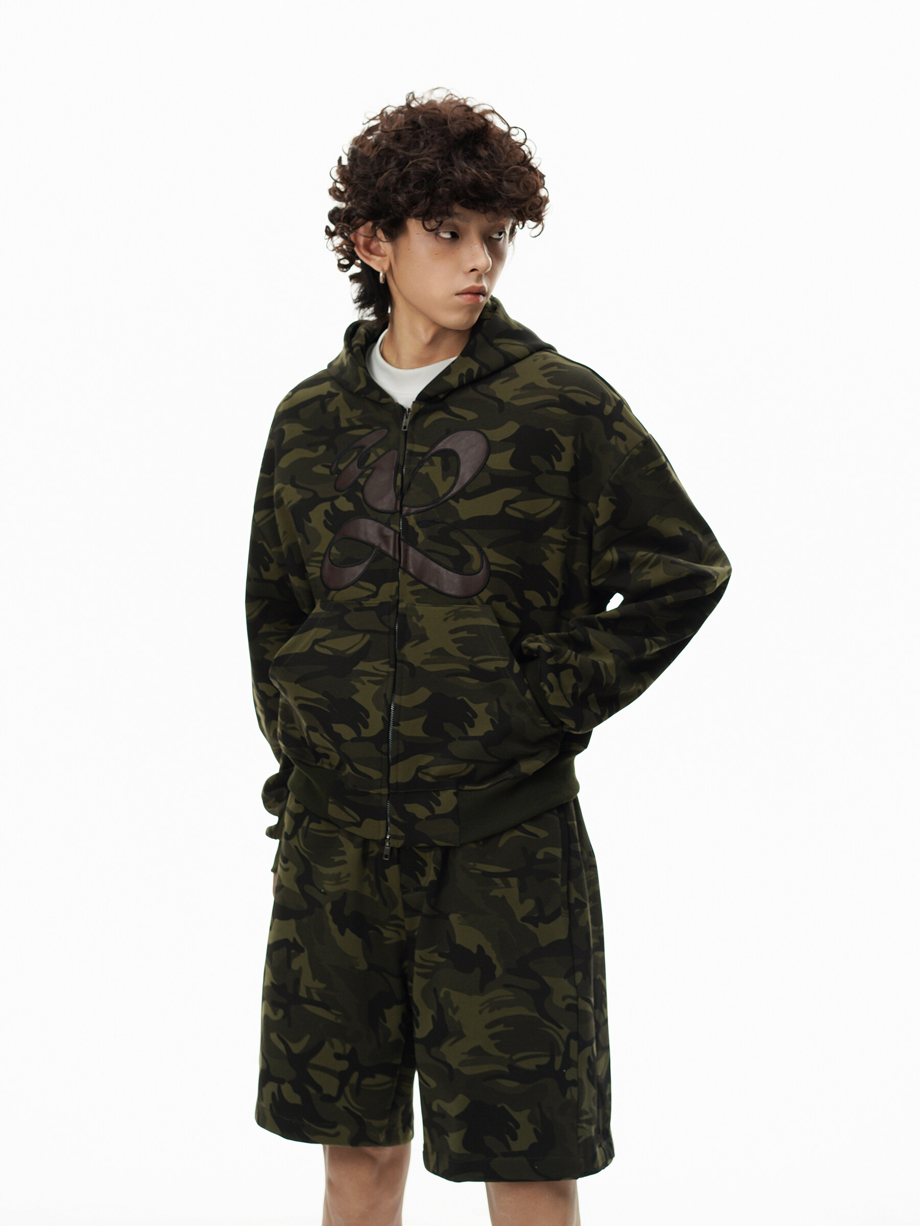 Camo Color Distressed Embroidery Zip Up Hoodie And Shorts Sets