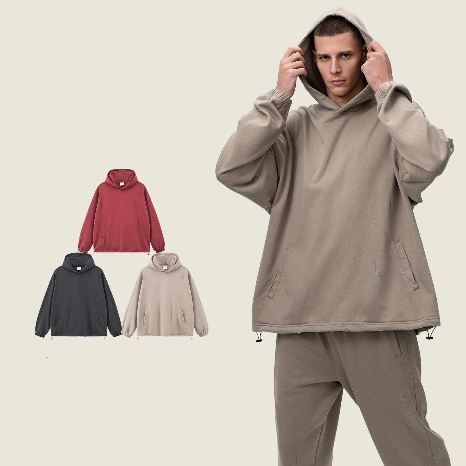 French Terry Solid Color Open Hem Hoodie