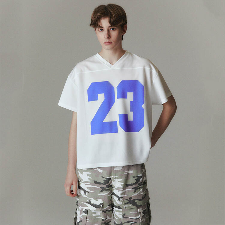 Printing Number Boxy V Neck Jersey T Shirt