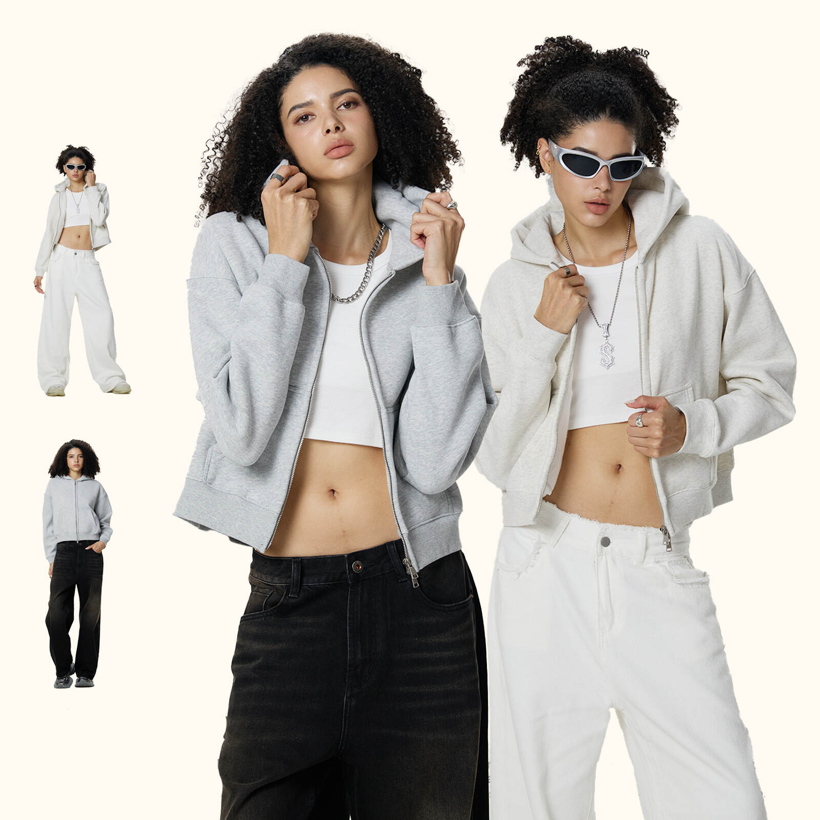 Casual Women Zip Up Cropped Hoodie