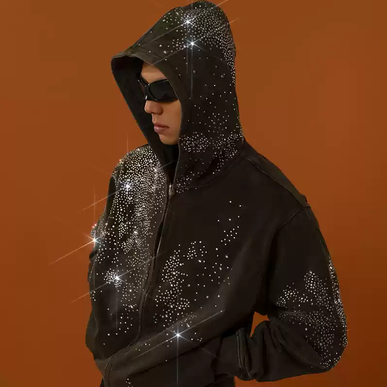 Full Over Rhinestone Zip Up Hoodie