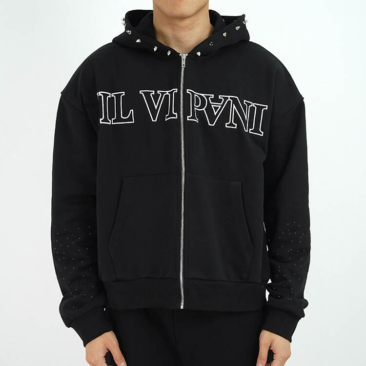 Oversized Rhinestone Sleeve Rivets On Hoodie Men Zip Up Hoodie