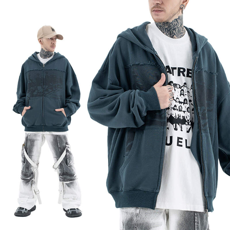 Distressed Vintage Digital Printing Zip Up Hoodie