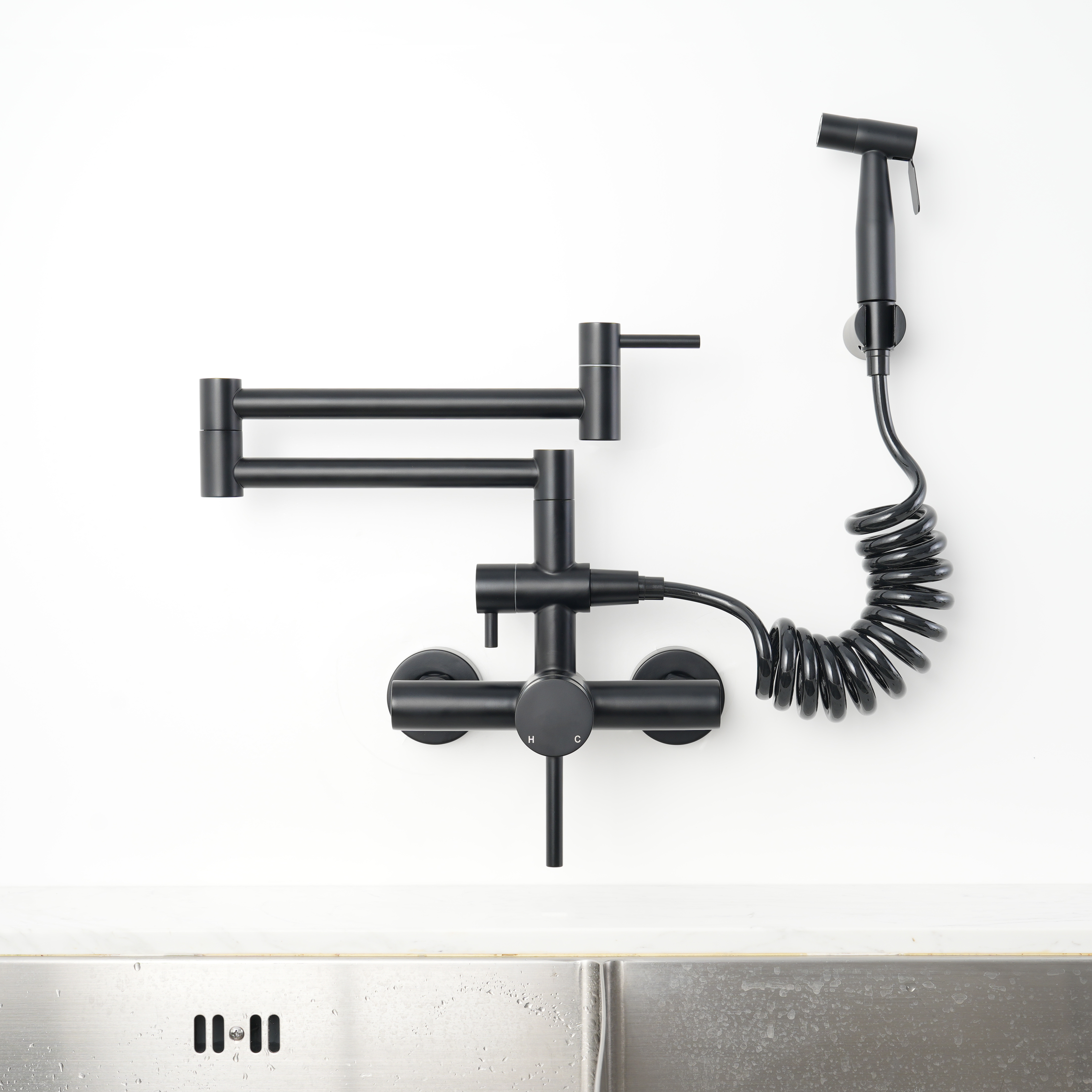 Sento 304/316  wall mount  popular kitchen faucet with pull out sprayer shattaf black color