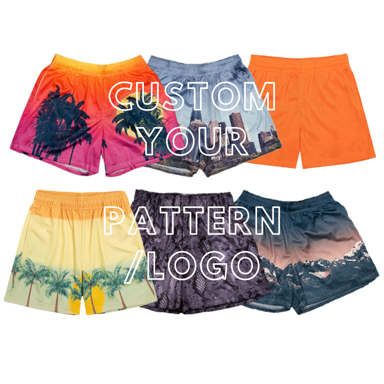 Summer Beach style Double Layer Mesh Shorts Zipper Pocket Polyester Sublimated Full Custom