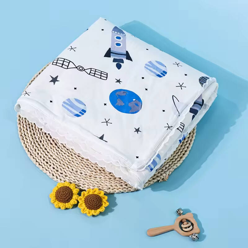 Wholesale Lovely Soft Baby 100% Muslin Cotton Yarn Bibs Cotton With Spaceship Cartoon Pattern Snap Baby Bib Blanket and Hat