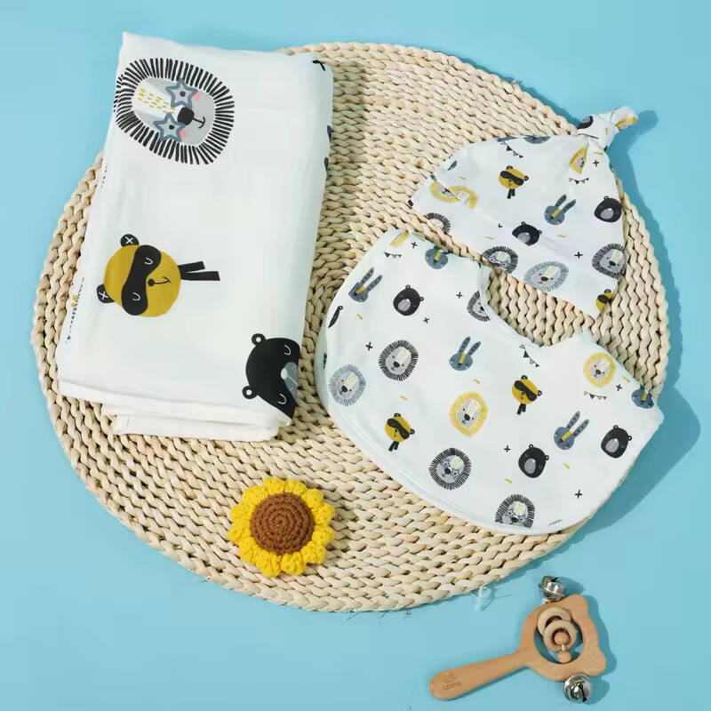 Little Raccoons and Lions Muslin Cotton Bibs Baby Bibs Cotton U-shaped Snap Baby Bib Blanket and Hat
