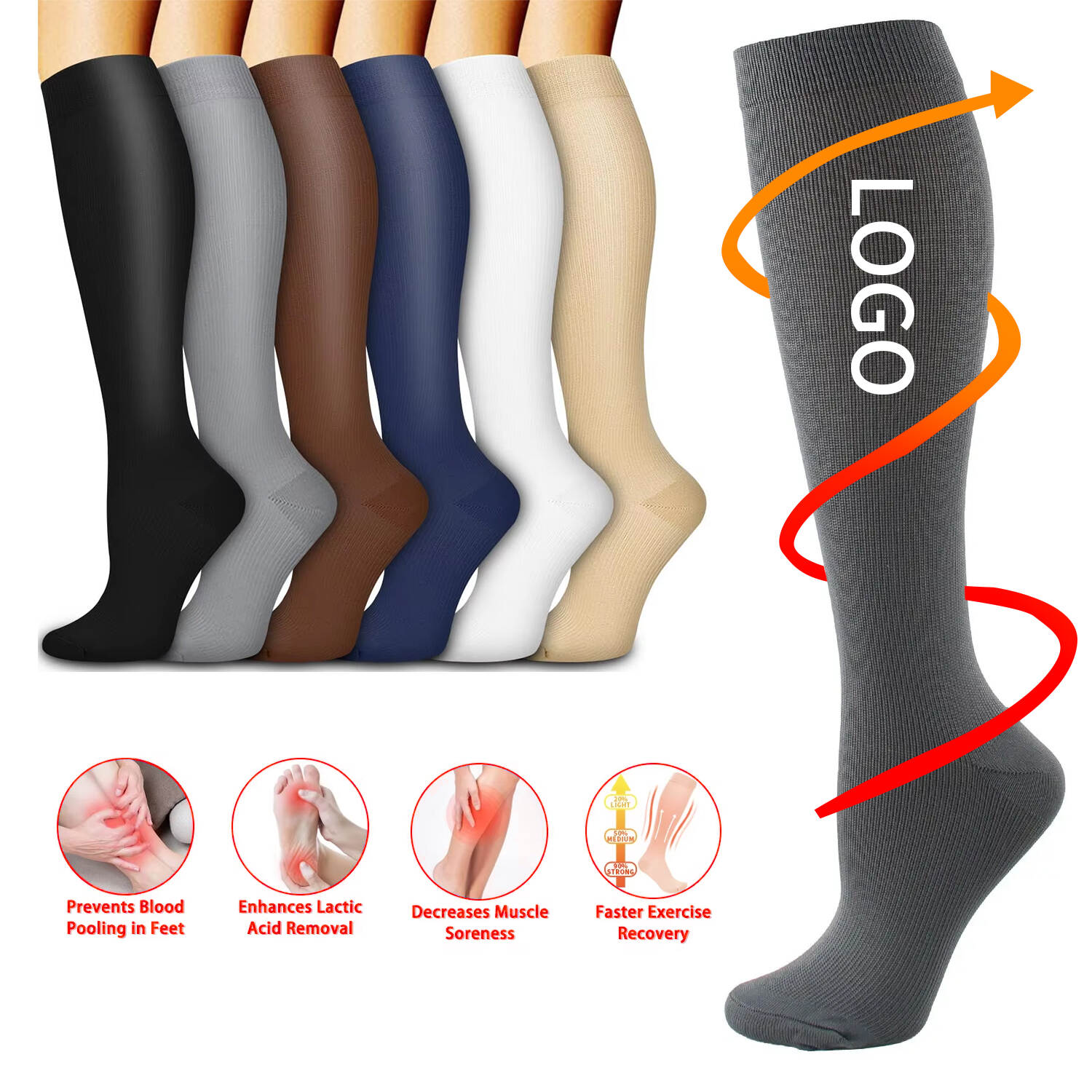 15-20 Mmhg Black Long Stockings Custom Made Spandex Nylon Running Compression Socks