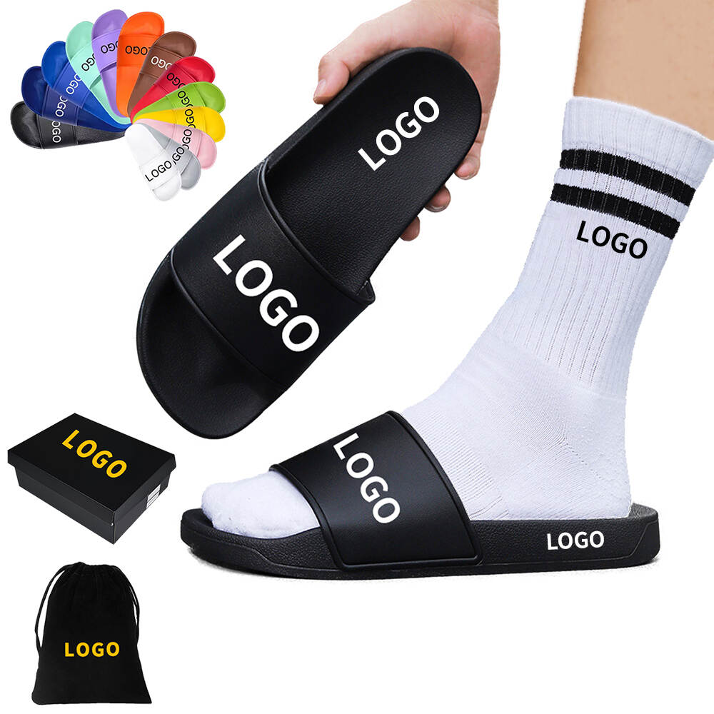 Customized high quality black slippers for men with EVA/PVC sole and printed logo