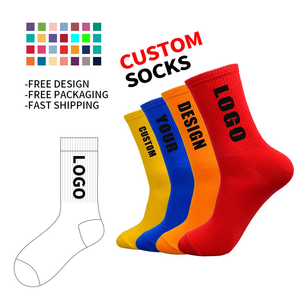 Free design of mid-length socks cuffs with custom black and white prints, sweat-wicking knitted logo