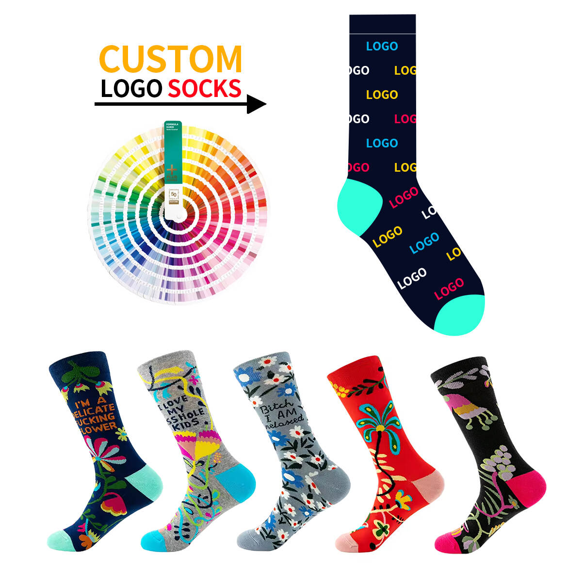 Customized men's and women's long colored flower casual cotton socks
