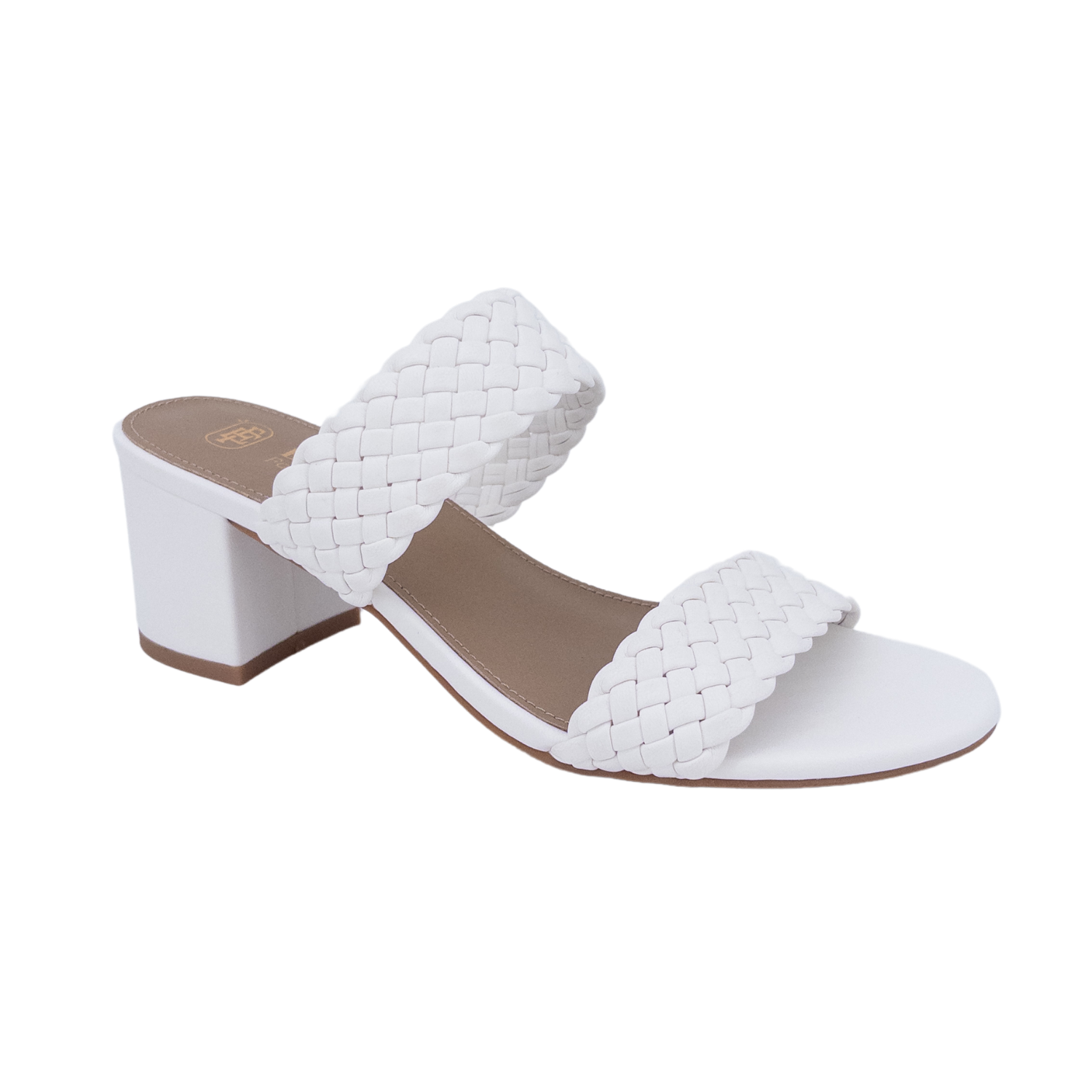 Woven block heel mule; Metallic dress sandals for women; Comfortable occasion heels; Chic woven strap sandals; Bridal party heeled mules