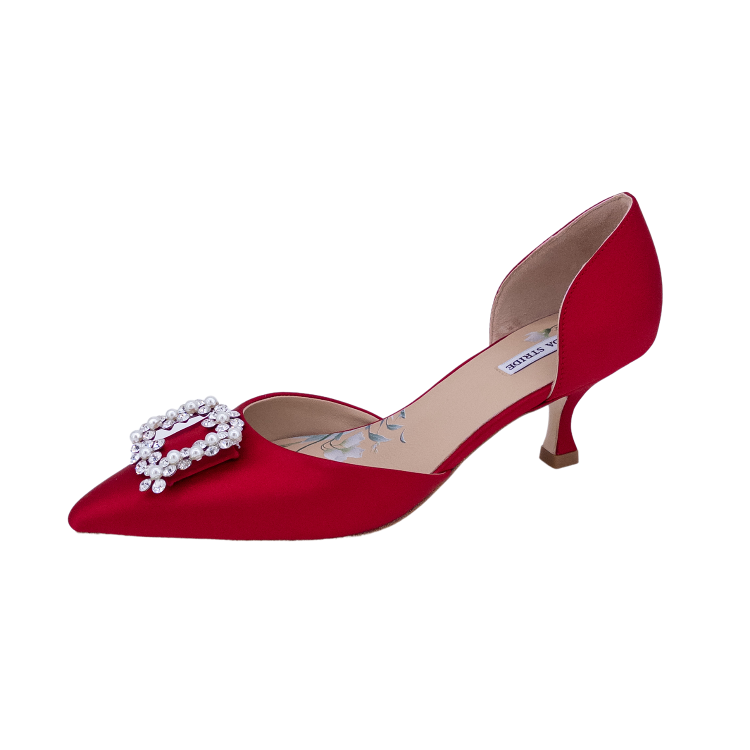 d’Orsay pearl buckle satin pumps wholesale; satin wedding guest heels supplier; occasionwear heels for private label; rhinestone embellished evening shoes manufacturer; satin party kitten heels B2B