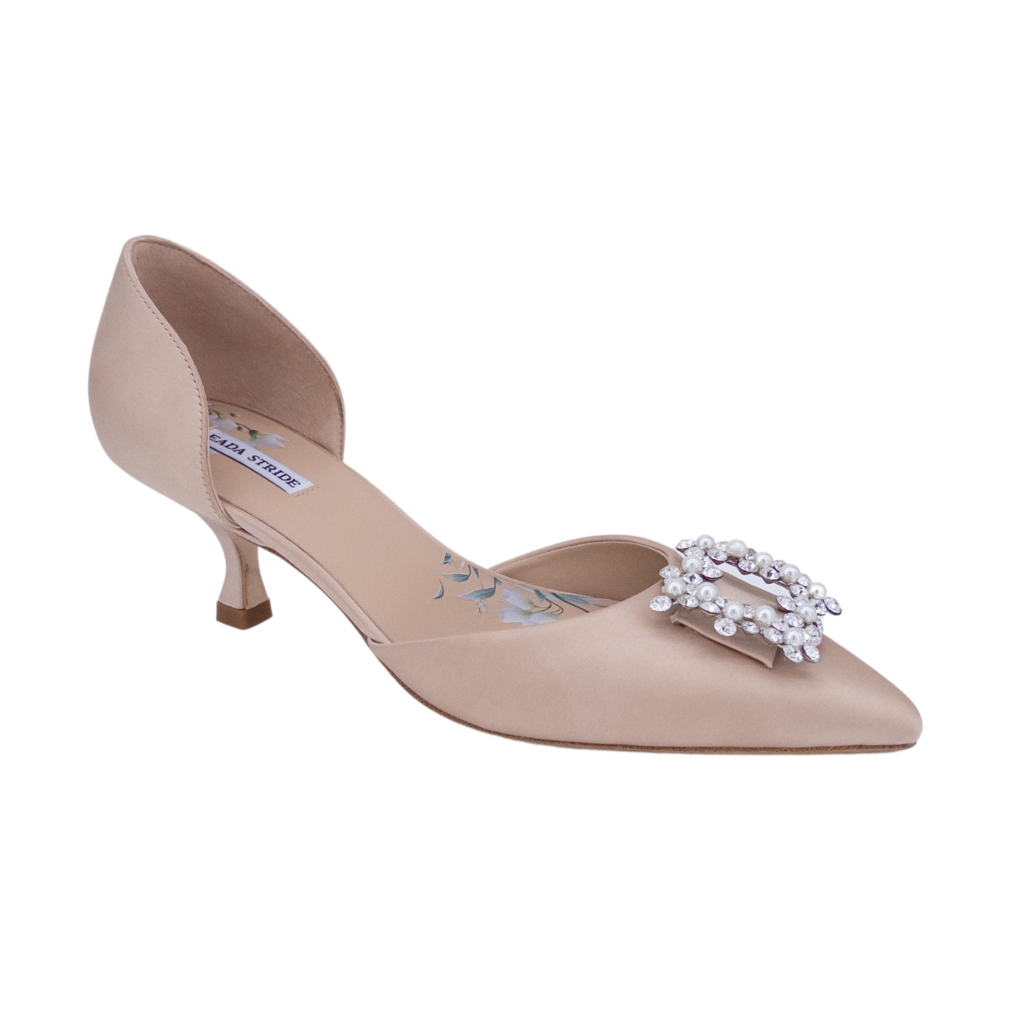 d’Orsay pearl buckle satin pumps wholesale; satin wedding guest heels supplier; occasionwear heels for private label; rhinestone embellished evening shoes manufacturer; satin party kitten heels B2B