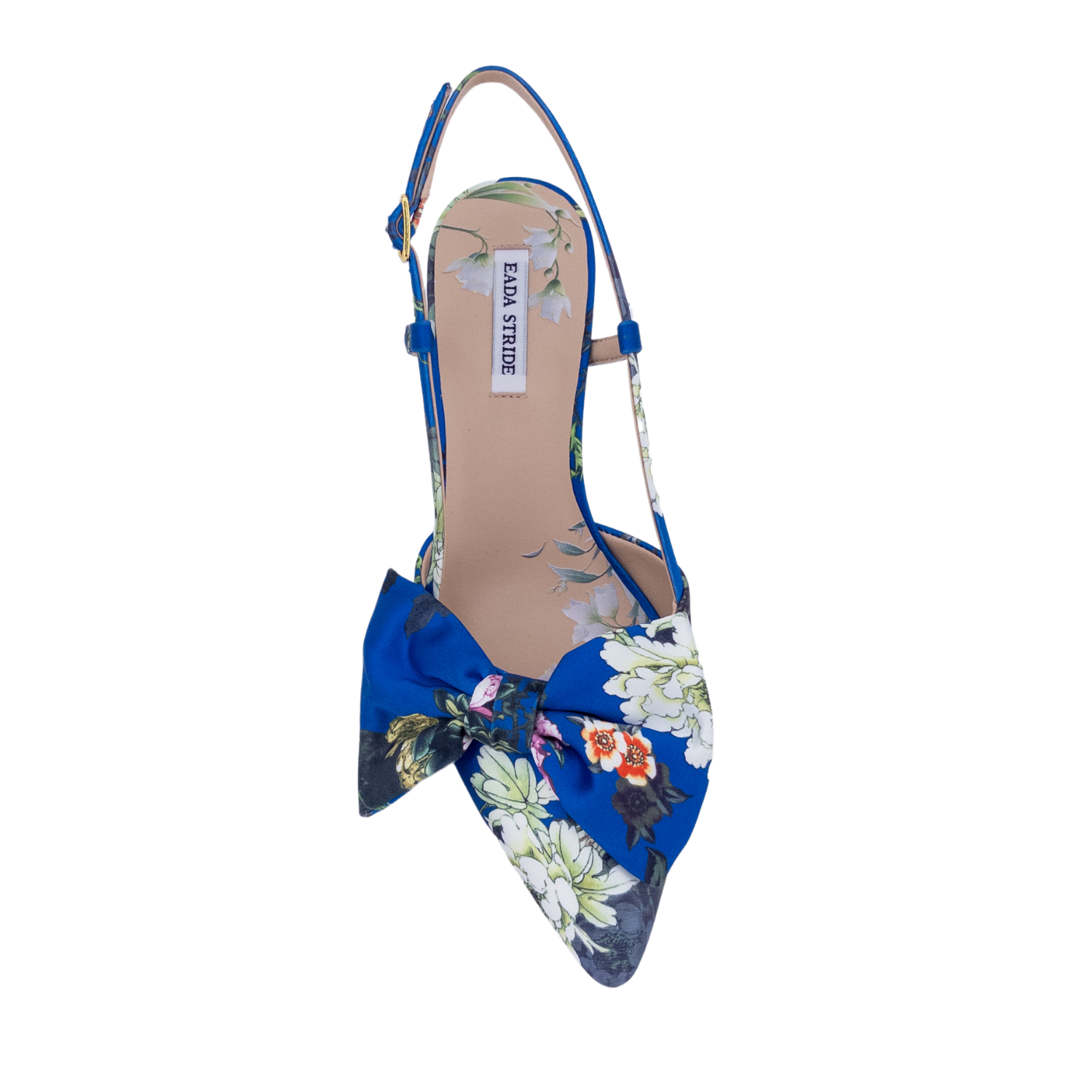 floral satin slingback heels wholesale; bow detail stiletto summer shoes B2B; blue white printed dress heels supplier; bridal shower and event shoes manufacturer; statement floral heels for private label