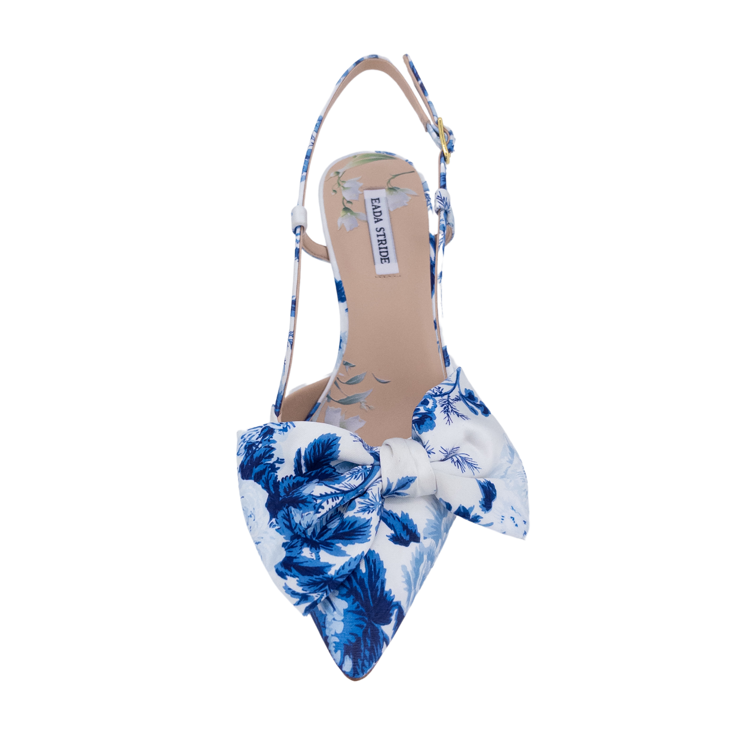 floral satin slingback heels wholesale; bow detail stiletto summer shoes B2B; blue white printed dress heels supplier; bridal shower and event shoes manufacturer; statement floral heels for private label
