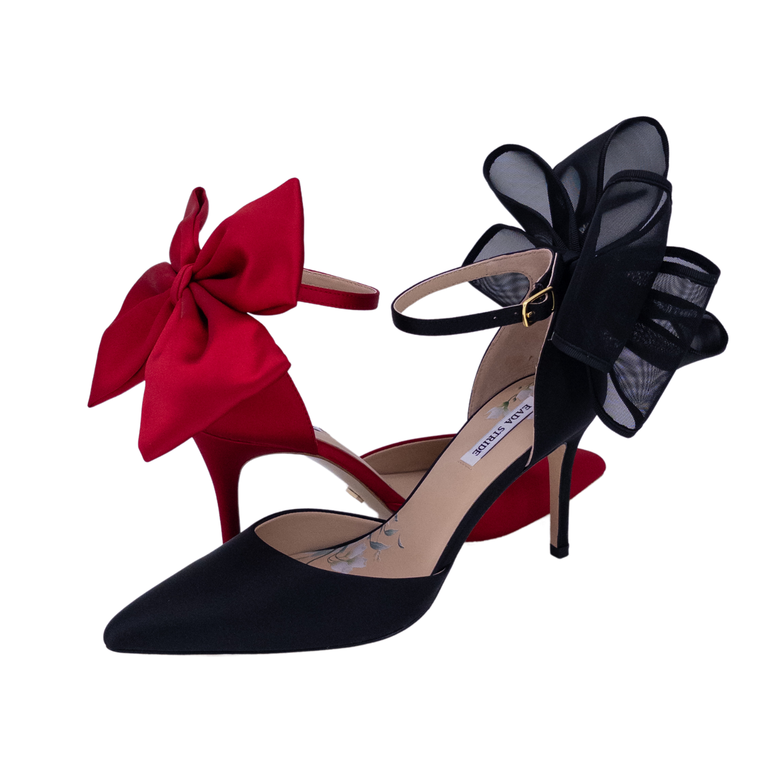 statement bow heels wholesale; red and black satin ankle strap pumps; high heel evening shoes manufacturer; bold party heels B2B supplier; fashion-forward wholesale women's heels