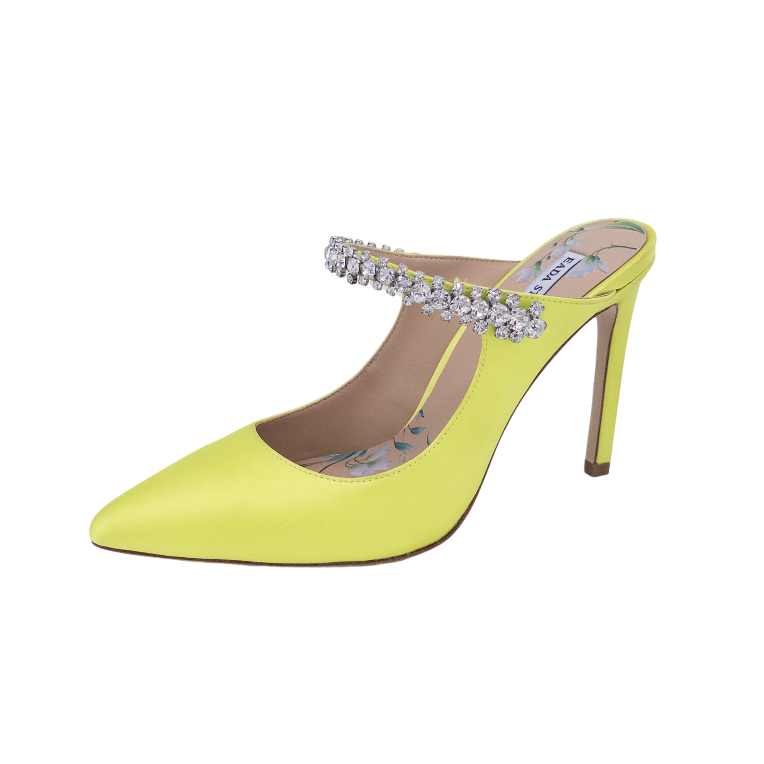 wholesale neon mule heels; rhinestone strap high heel factory;  custom ladies party shoes supplier;  satin jeweled mules for women; yellow high heel pumps manufacturer