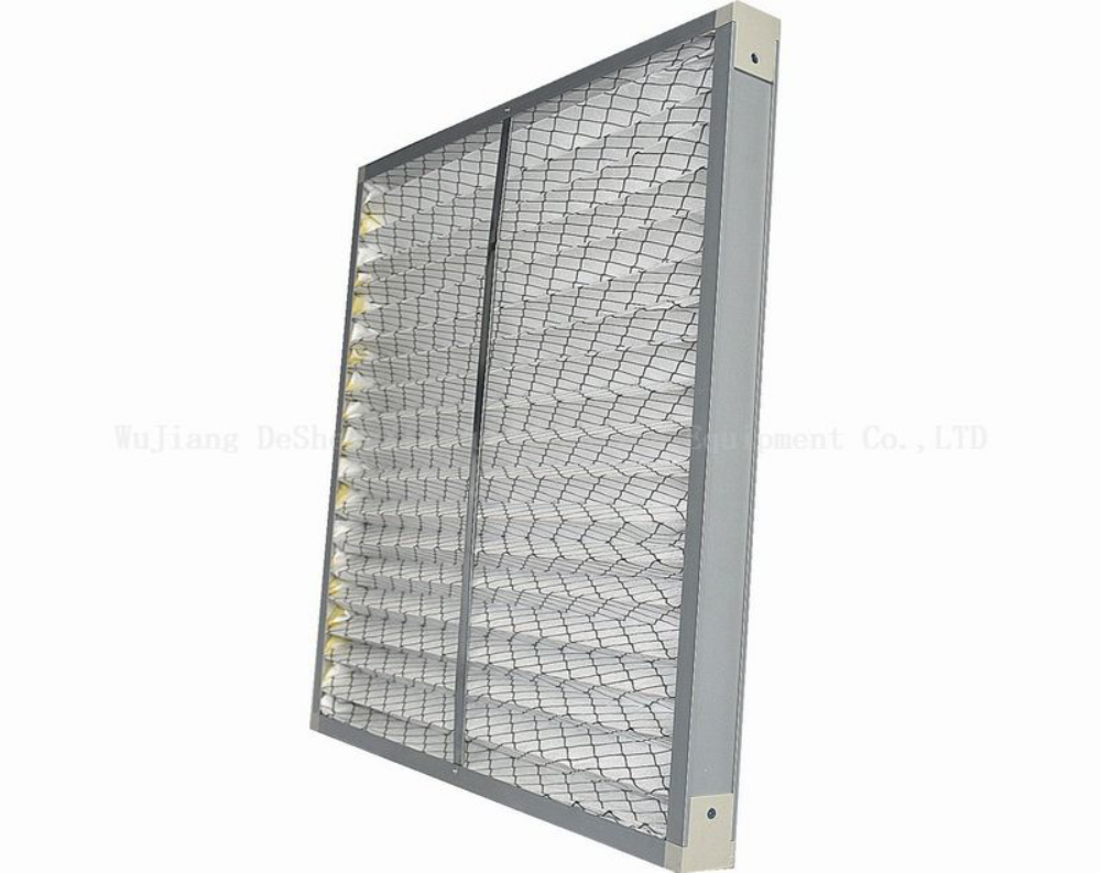 Deshengxin, medium-efficiency filter, pleated panel filter, HVAC system, cleanroom ventilation, industrial ventilation, air purification, particle capture, metal frame, polypropylene media