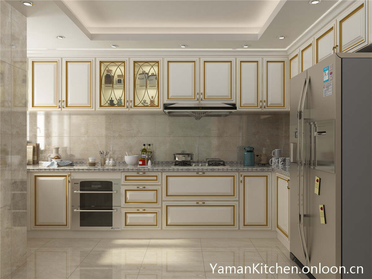 YAMAN Saudi Arabia style kitchen supplier with gold line solid wood door