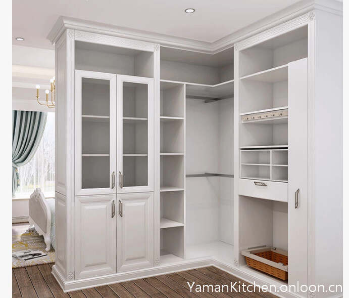 Yaman White Classic Wood Grain l-Shape Walk in Closet of Best Bedroom Wardrobe WIC008