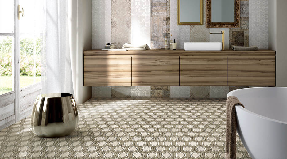 bianco carrara herringbone marble mosaic, crema royal flower polished marble mosaic, mystic lantern porcelain and marble mosaic