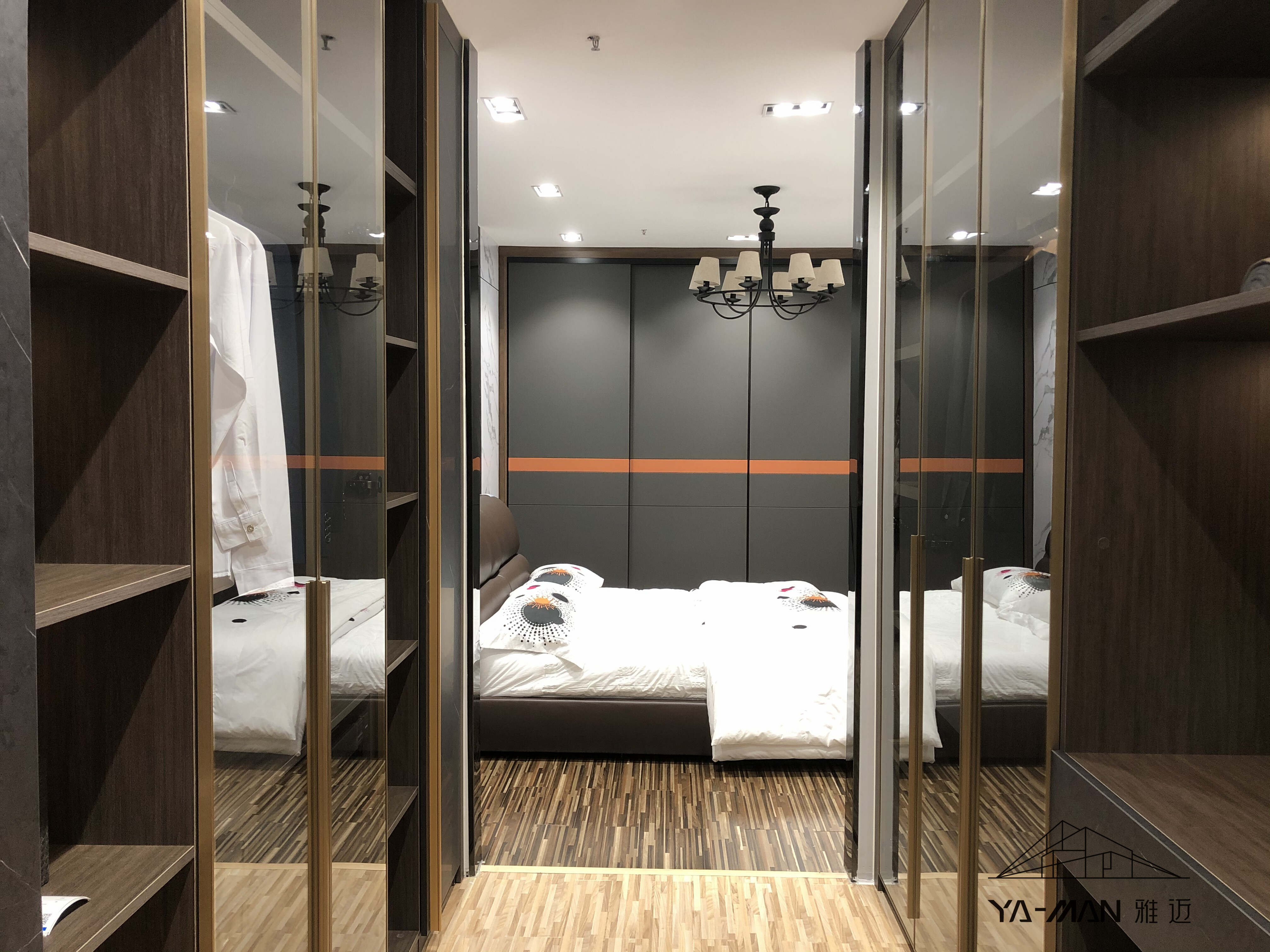 YAMAN Zhongshan shop sliding door wardrobe grey + orange color in bedroom