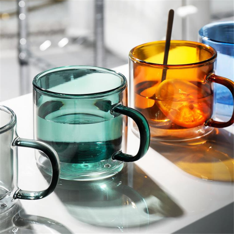 Colored transparent high borosilicate glass breakfast cup with handle double heat-resistant tea cup