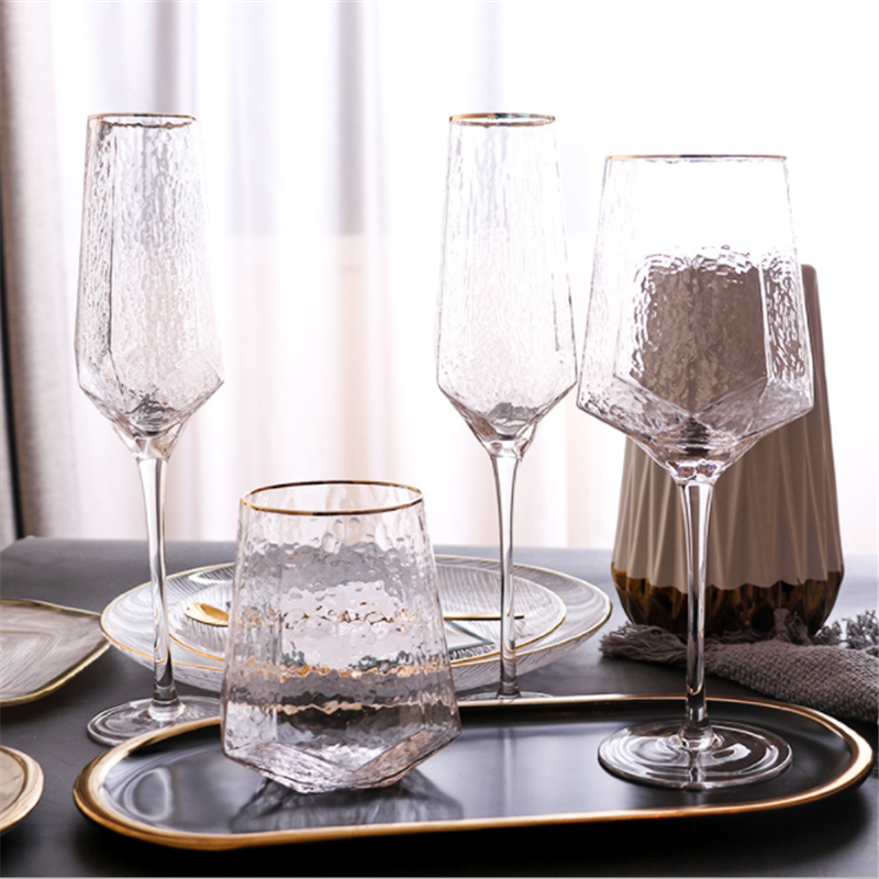 Creative diamond-shaped hammered glass with gold rim nordic vintage crystal goblets