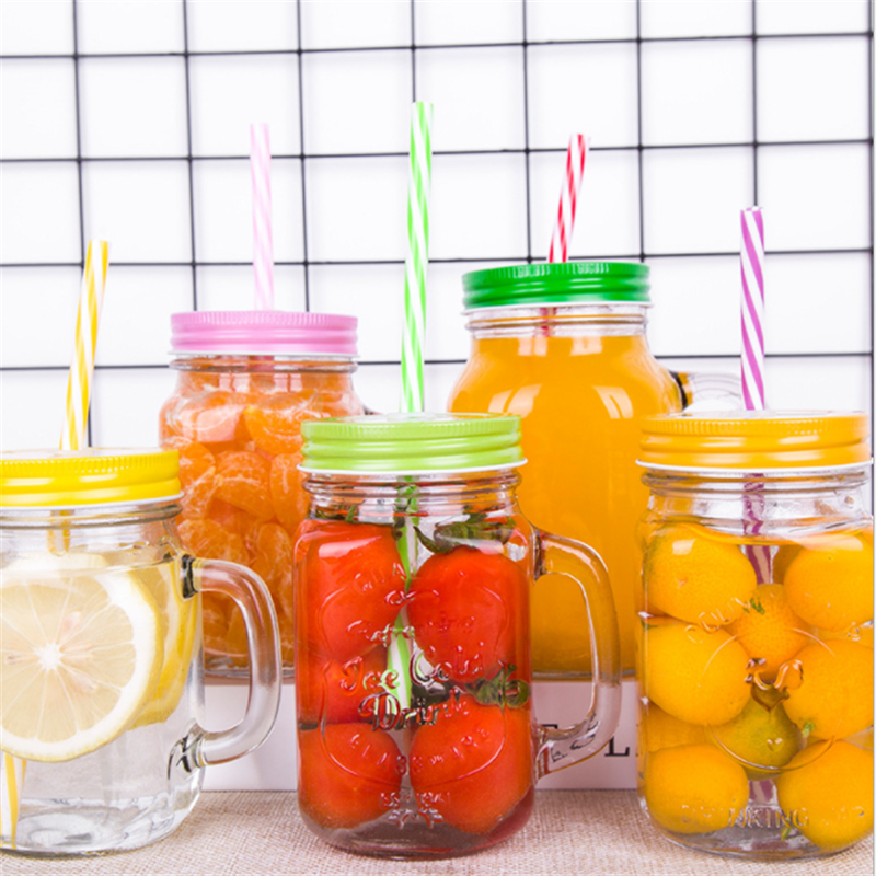 Glass transparent water cup with handle, milk tea cup with lid and straw