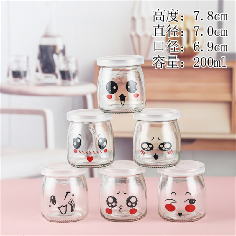 Pudding Bottle Cute Emoji Pudding Bottle Jelly Milk Bottle Transparent Glass Yogurt Bottle Mousse Cup with Lid